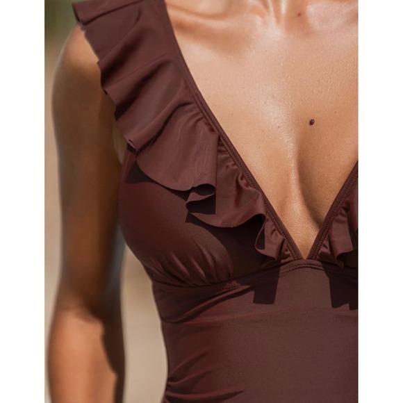 NEW Cupshe Brown Ruffle Large Lace Up Back Tummy Control One Piece Swimsuit - Picture 6 of 10